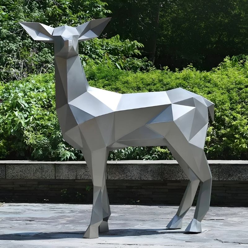 Deer II Geometric Steel Outdoor Sculpture - Outdoor set up with bush and trees on the background