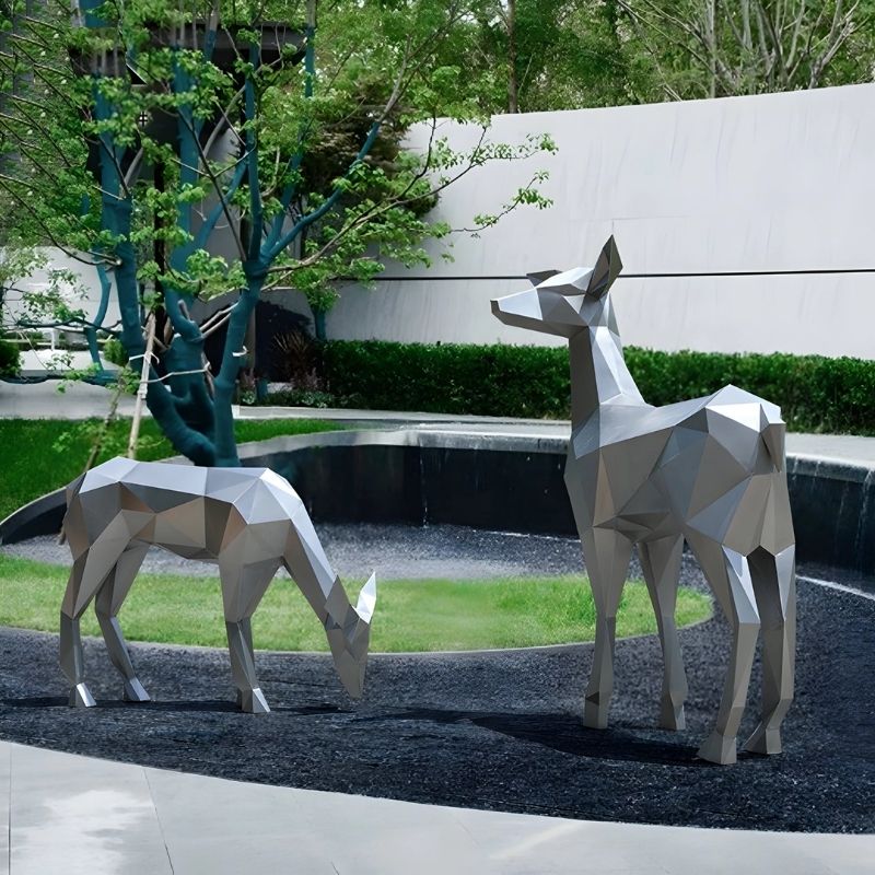Deer III Geometric Steel Outdoor Sculpture - Two deer outdoor setting
