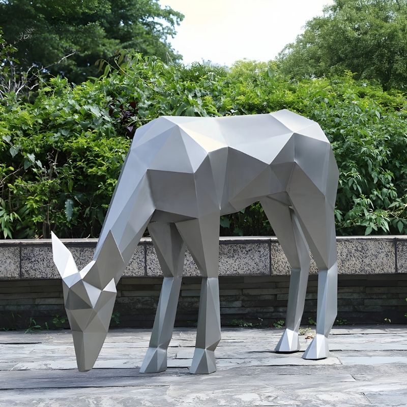 Deer III Geometric Steel Outdoor Sculpture - Outdoor setting with trees on the background