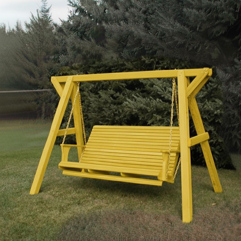 Yellow Family Porch Swing with Frame, outddor setting with trees in the bachground