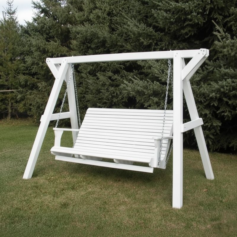 Family Porch Swing with Frame on a grassy area with trees in the background - poly luxe - white