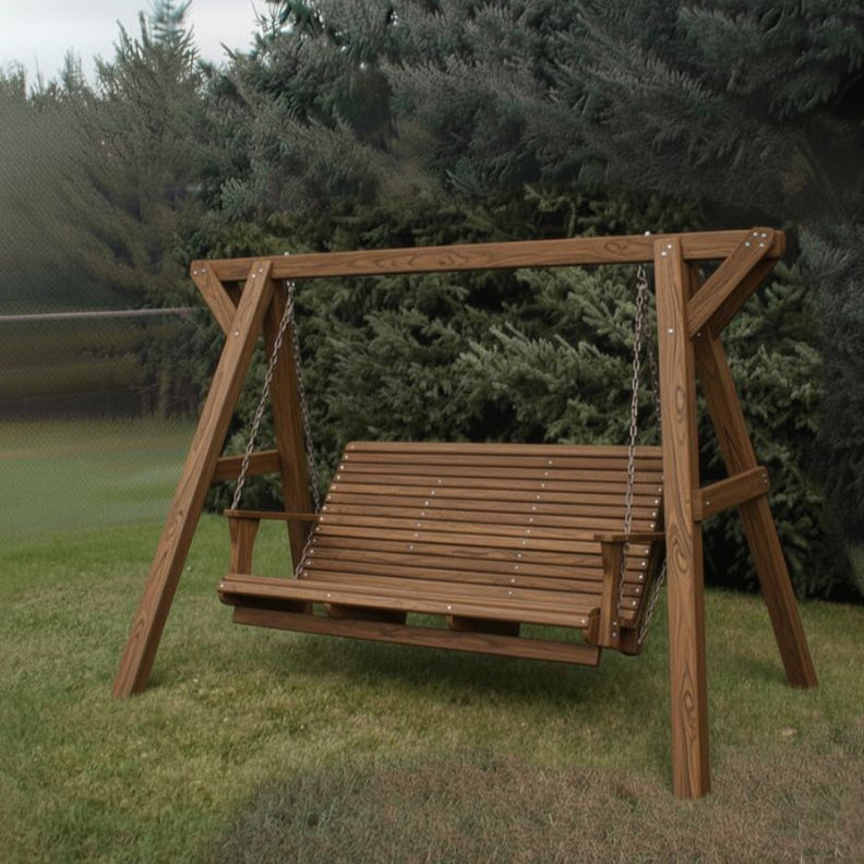 Family Porch Swing with Frame on a grassy area with trees in the background - poly luxe - woodgrain brazilian walnut