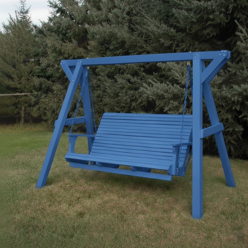 Blue Family Porch Swing with Frameon grass with trees in the background