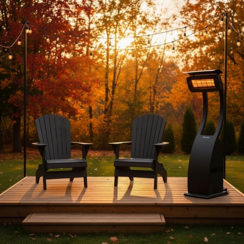 Black Folding Muskoka Portable Comfort Bundle in a patio and autumn trees in the background.