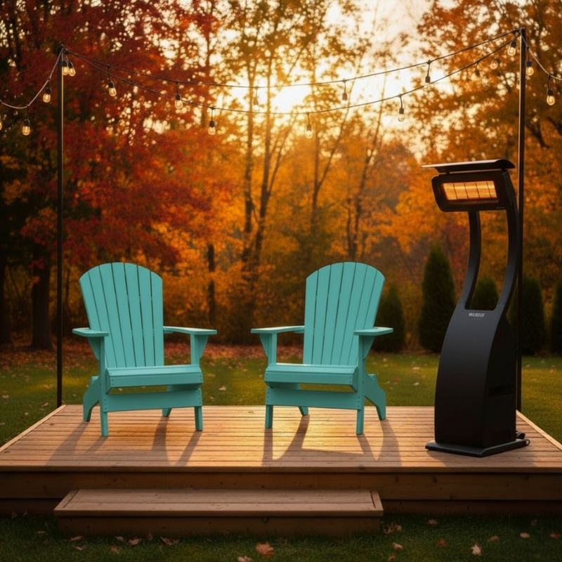 Aruba blue Folding Muskoka Portable Comfort Bundle in a patio in and autumn setting.