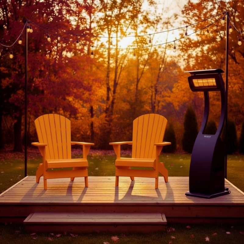 Orange Folding Muskoka Portable Comfort Bundle in a patio during sunset.