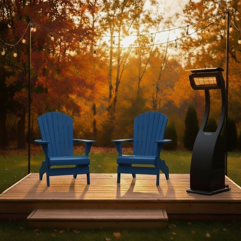 Two blue Adirondack chairs on a wooden deck with a heater in an autumn setting.
