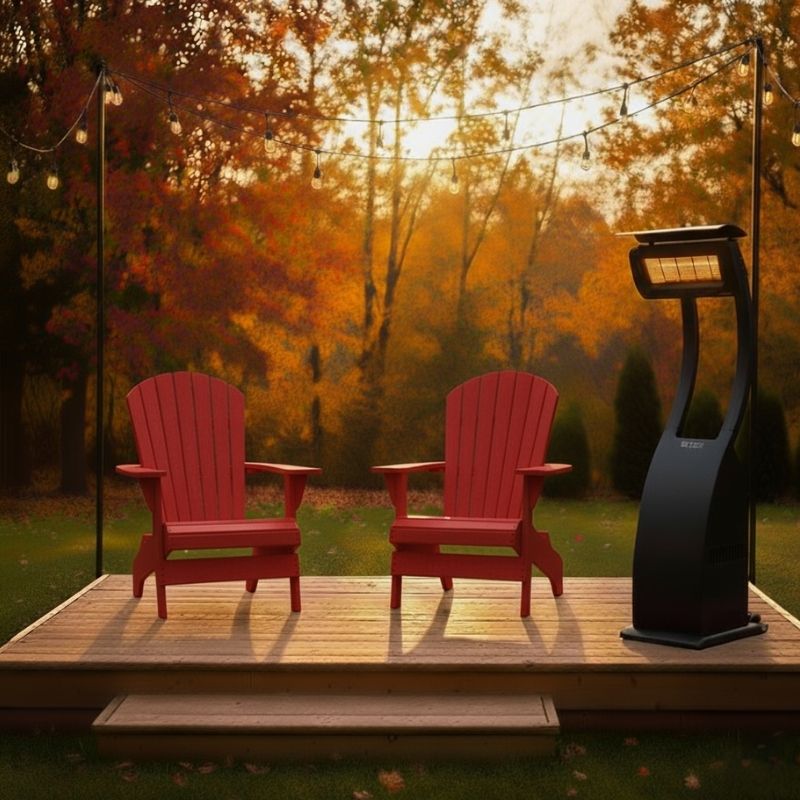 Two red Adirondack chairs on a wooden deck with a heater in an autumn setting.