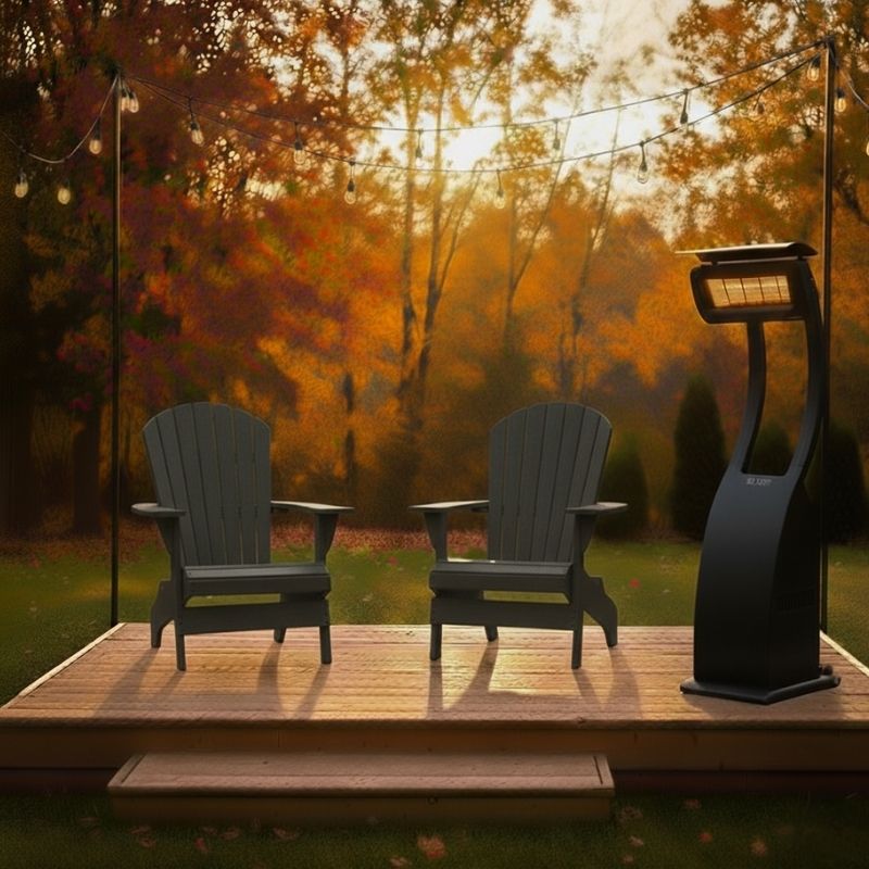 Two dark grey Adirondack chairs on a wooden deck with a heater during autumn.