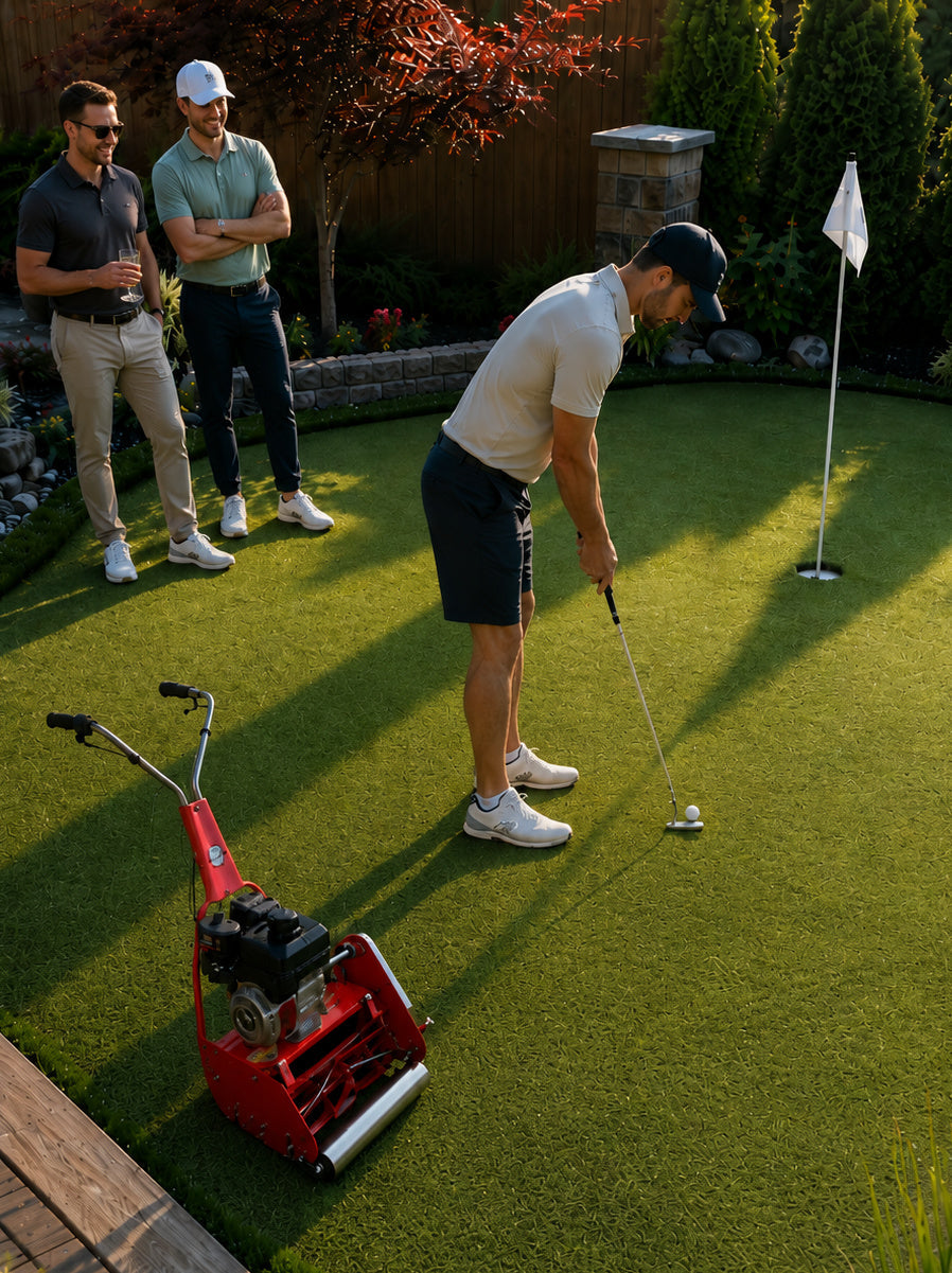 Friends putting on backyard golf green with Rolux S-Series reel mower