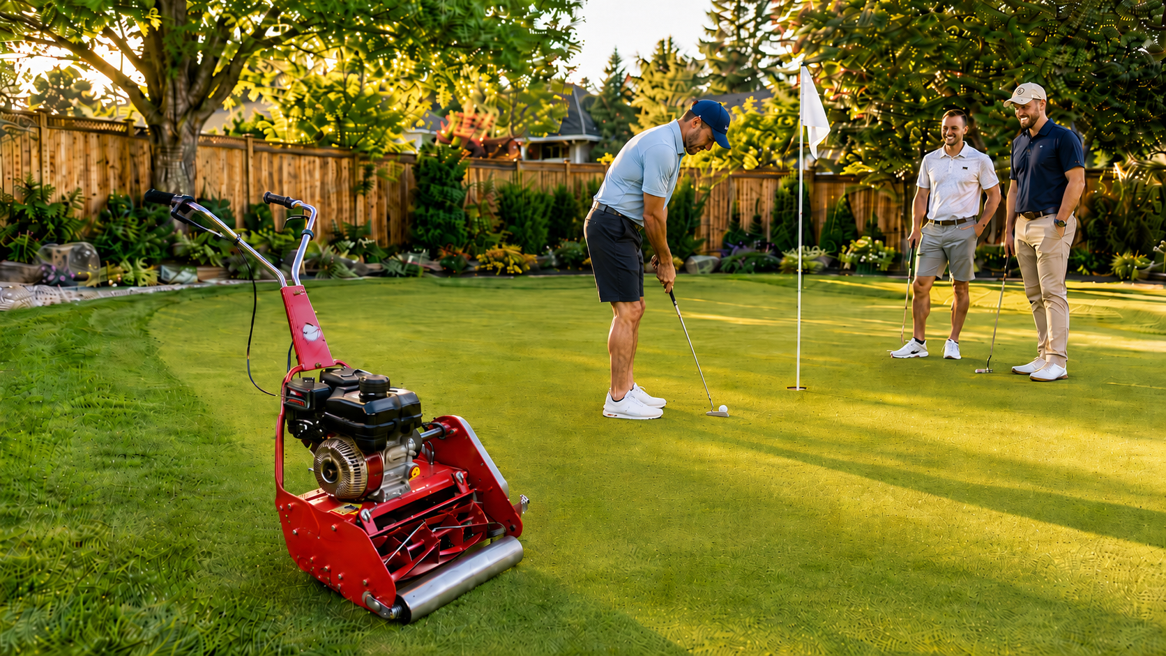 Backyard putting green with Rolux cylinder mower - lawn striping Canada