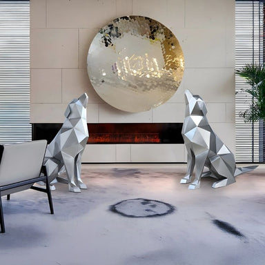 Howling Dog Silver Geometric Steel Sculpture - Two dogs indoor set up