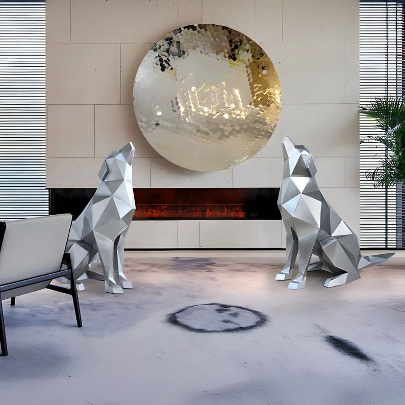 Howling Dog Silver Geometric Steel Sculpture - Two dogs indoor set up