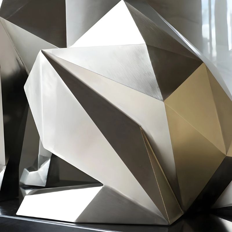 Howling Dog Silver Geometric Steel Sculpture - Close up view