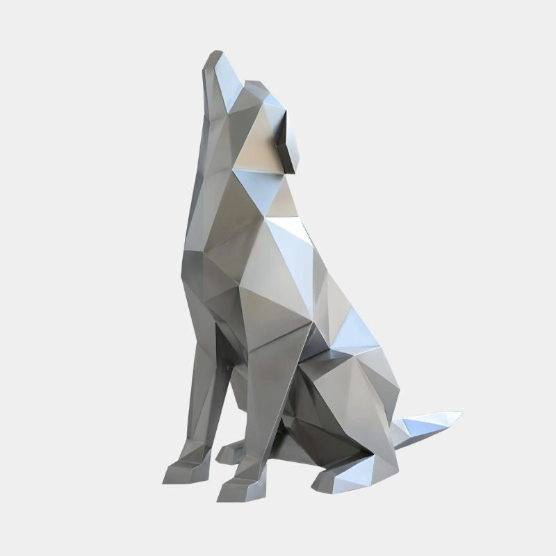 Howling Dog Silver Geometric Steel Sculpture - Clean view dog howling