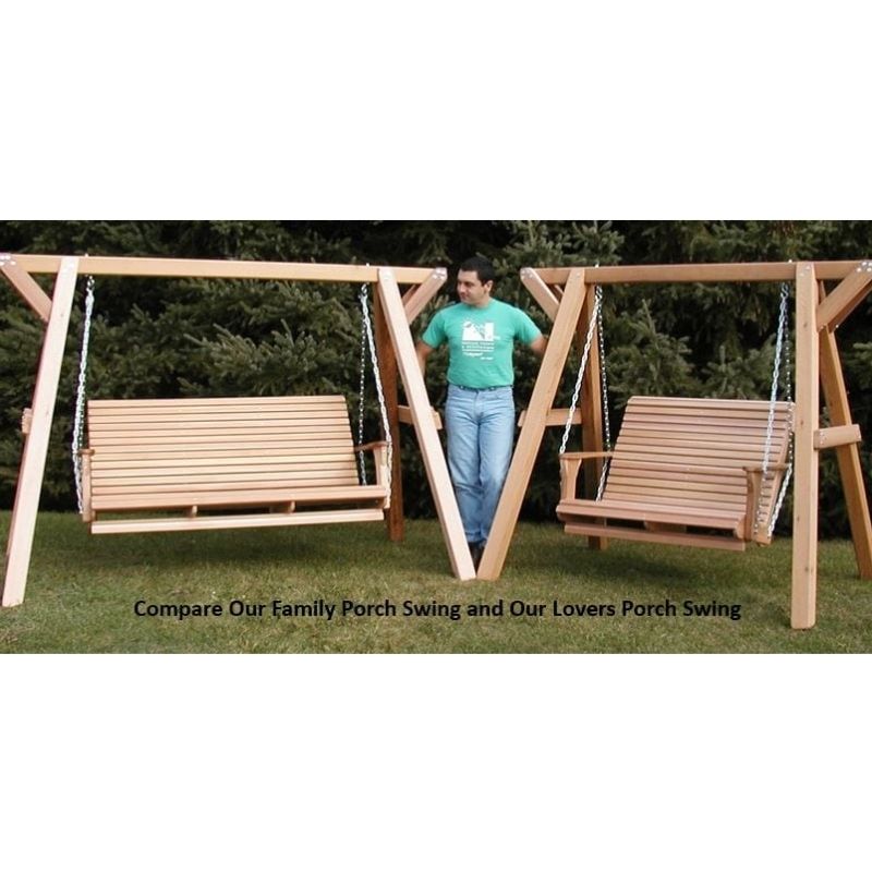 Wooden porch swing set with a person standing next to it, comparing family and lovers swings.