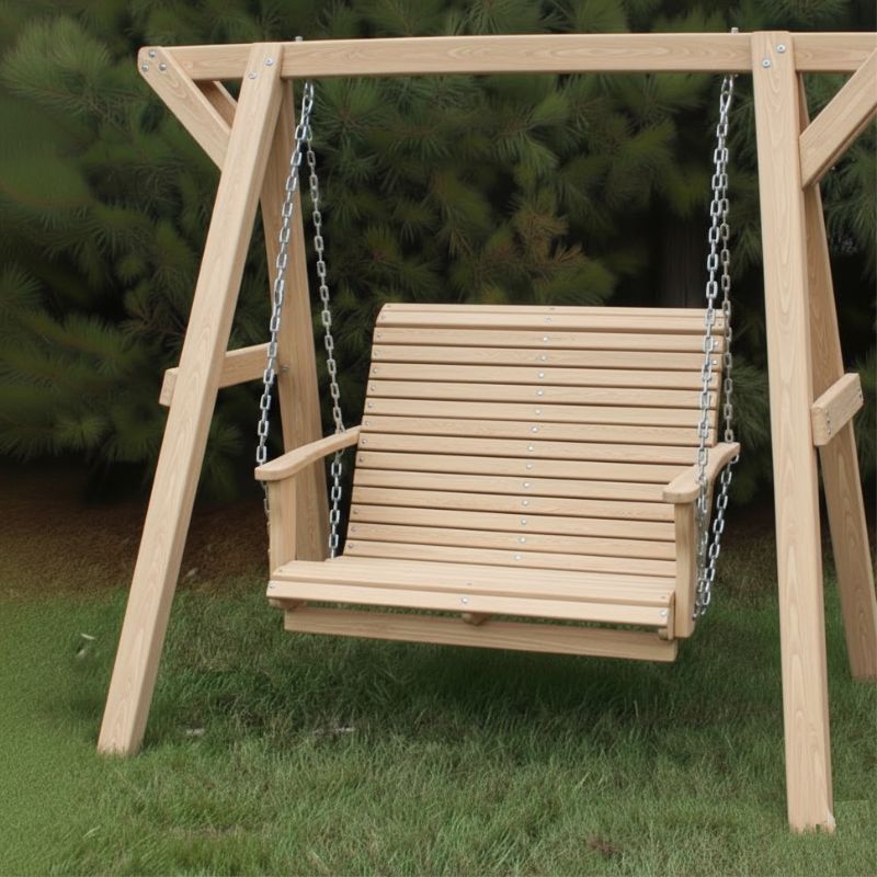 Lovers Porch Swing with Frame on grass with trees on the background -poly luxe - woodgrain birchwood