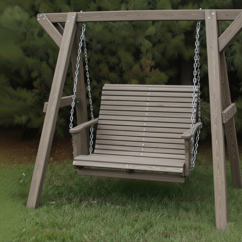 Lovers Porch Swing with Frame on grass with trees on the background -poly luxe - woodgrain driftwood grey