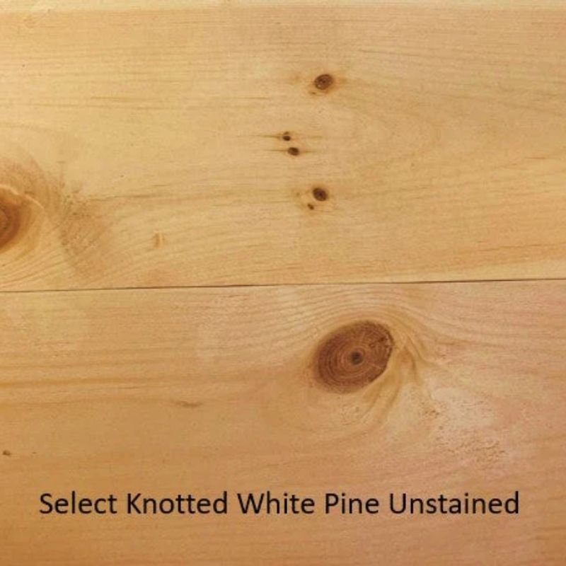 Close-up of select knotted white pine wood with natural grain and texture.