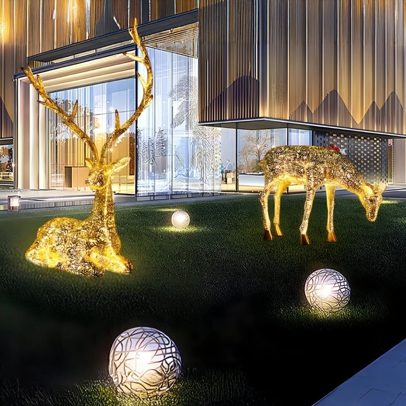 Luminous Deer Silver Steel LED Sculpture - two deer on the grass