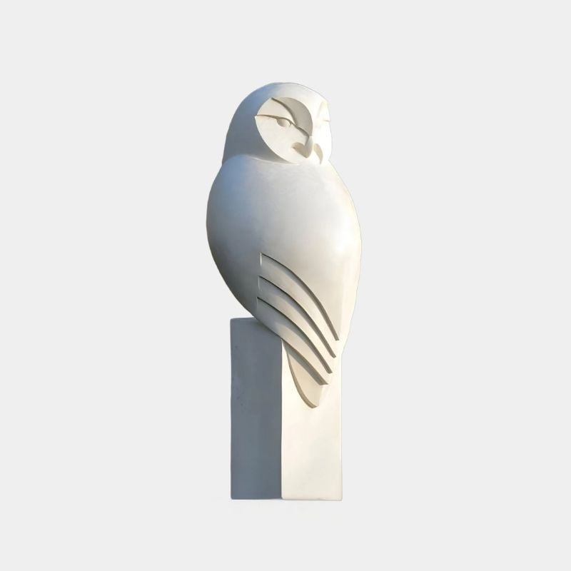 Minimalist Perched Owl Marble Outdoor Sculpture in a clear background