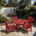 Modern Dining Set for 4 with 4' Table on a patio, surrounded by garden and house - poly luxe - red