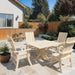 Modern Dining Set for 4 with Pedestal Tableon a sunny day - poly lue - woodgrain birchwood