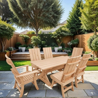 Modern Dining Set for 6 with 5' Table on a patio in a garden setting - pine