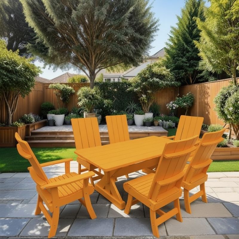 Modern Dining Set for 6 with 6' Tablein a garden setting - orange - poly luxe