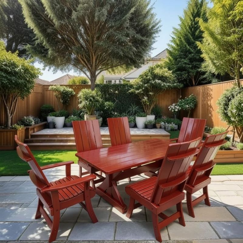 Modern Dining Set for 6 with 6' Tablein a garden setting - clear cedar - mahogany glossy
