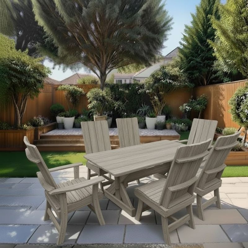Modern Dining Set for 6 with 6' Table in a garden setting - poly luxe - woodgrain driftwood grey