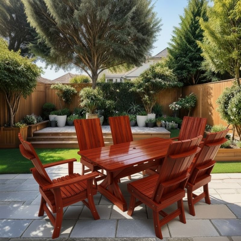 Modern Dining Set for 6 with 6' Table in a backyard setting with trees and plants, knotted cedar - mahogany glossy