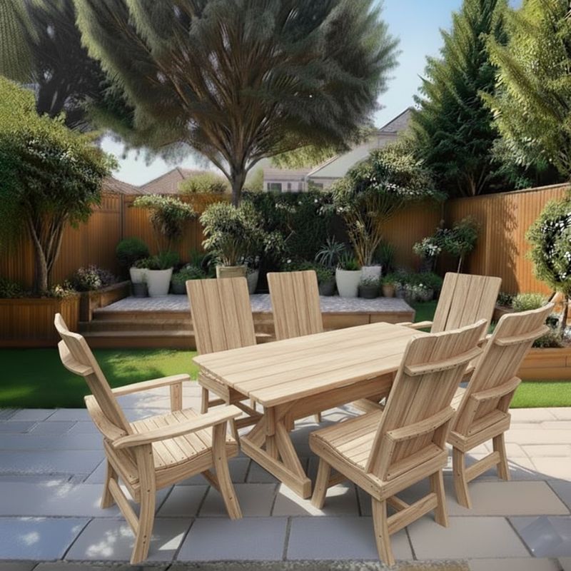 Modern Dining Set for 6 with 6' Table in a garden setting - poly luxe - woodgrain birchwood