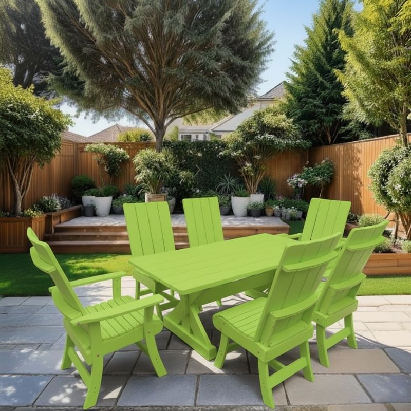 Modern Dining Set for 6 with 6' Tablein a garden setting - lime green - poly luxe