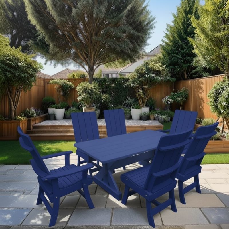 Modern Dining Set for 6 with 6' Tablein a garden setting - blue - poly luxe