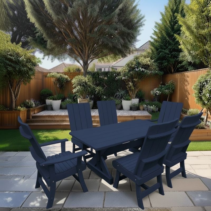 Modern Dining Set for 6 with 6' Tablein a garden setting - patriot blue - poly luxe