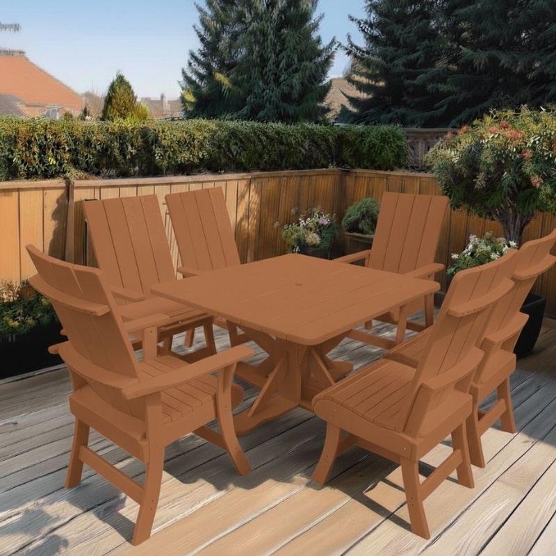 Modern Dining Set for 6 with Pedestal Table on a deck surrounded by greenery - poly luxe - cedar