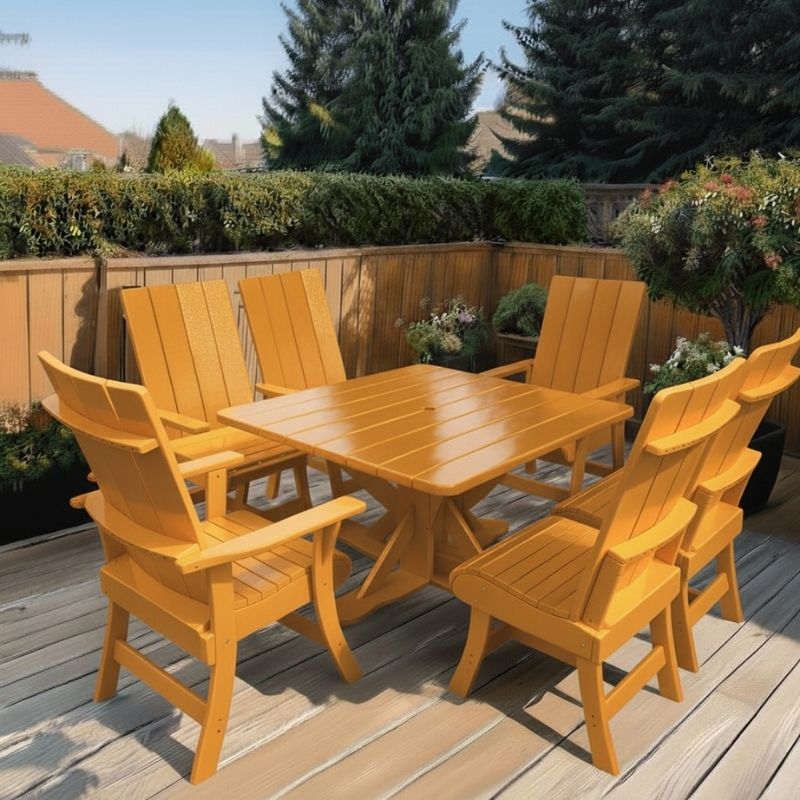 Modern Dining Set for 6 with Pedestal Table on a deck - clear cedar - golden glossy