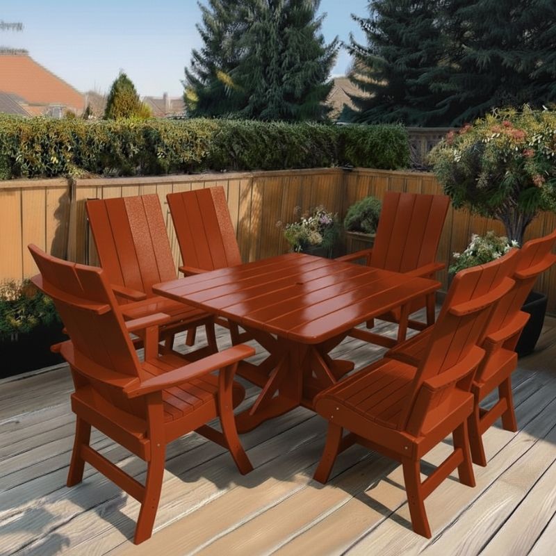 Modern Dining Set for 6 with Pedestal Table on a deck - clear cedar - golden glossy