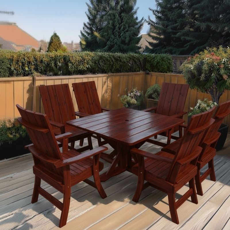Modern Dining Set for 6 with Pedestal Table on a deck - knotted cedar - mahogany glossy