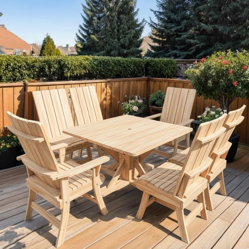 Modern Dining Set for 6 with Pedestal Table on a deck - poly luxe - woodgrain birchwood