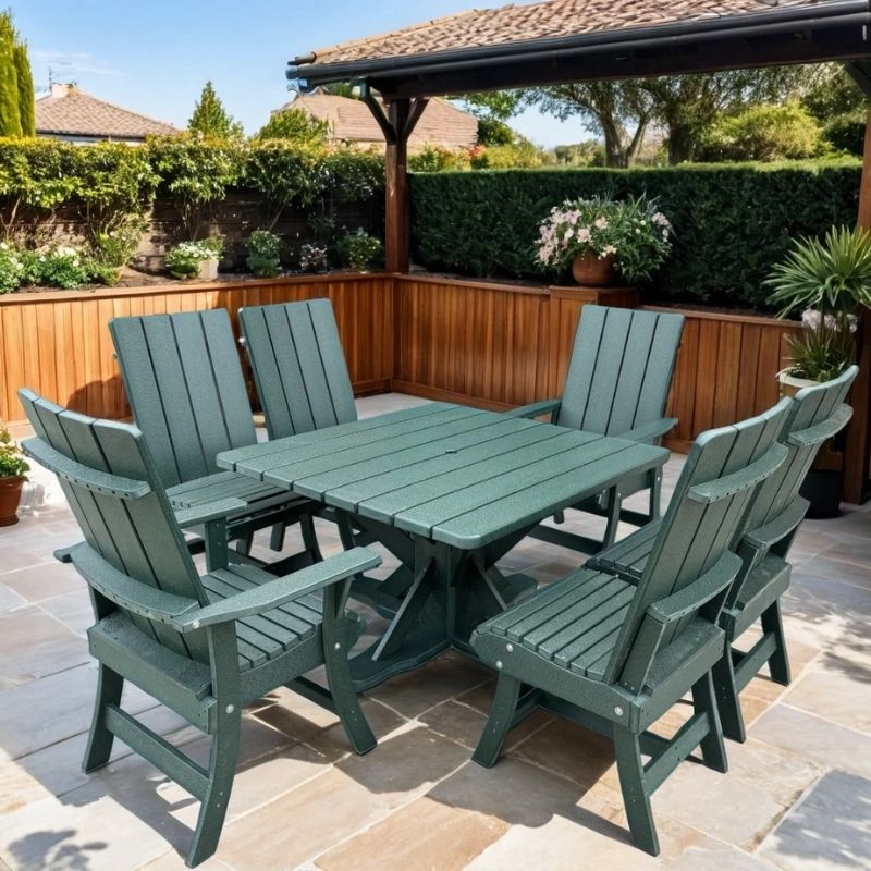 Turf green outdoor dining set with table and chairs on a patio