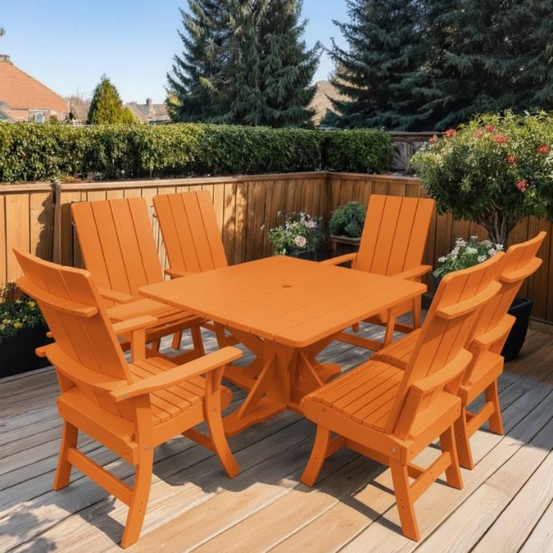 Modern Dining Set for 6 with Pedestal Table on a deck surrounded by greenery - poly luxe - orange