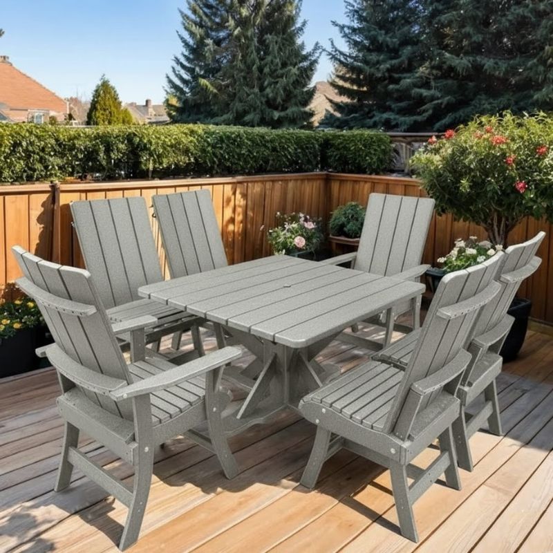 Modern Dining Set for 6 with Pedestal Table on a deck - poly luxe - woodgrain driftwood grey