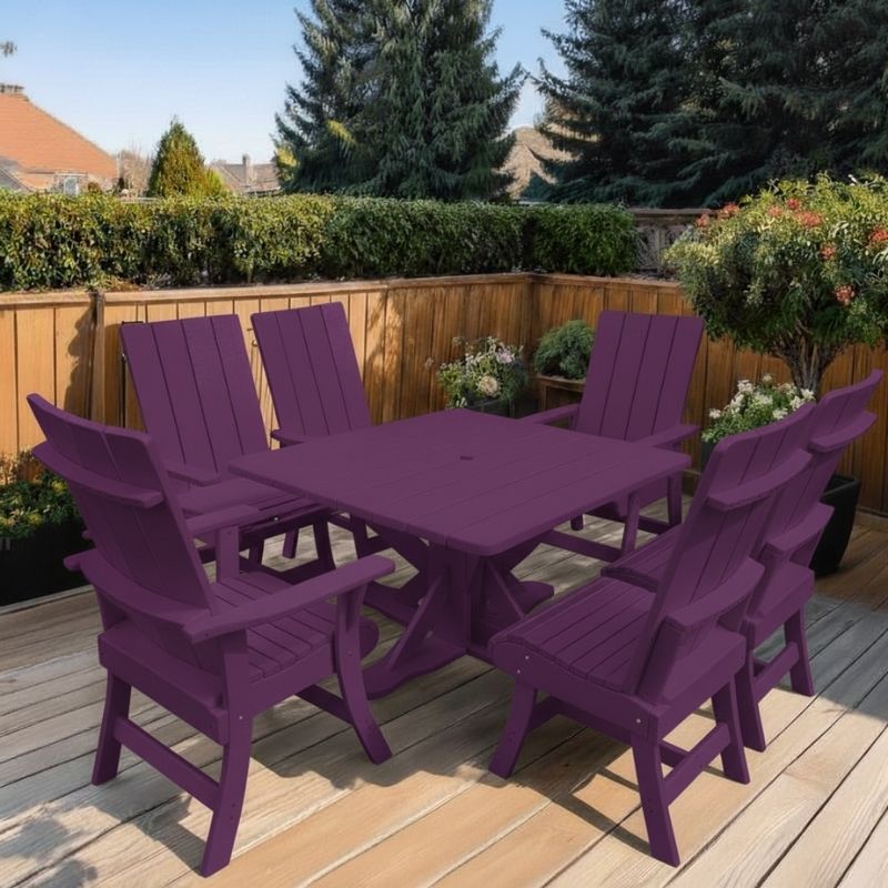 Modern Dining Set for 6 with Pedestal Table on a deck surrounded by greenery - poly luxe - purple