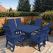 Modern Dining Set for 6 with Pedestal Table on a deck surrounded by greenery - poly luxe - blue