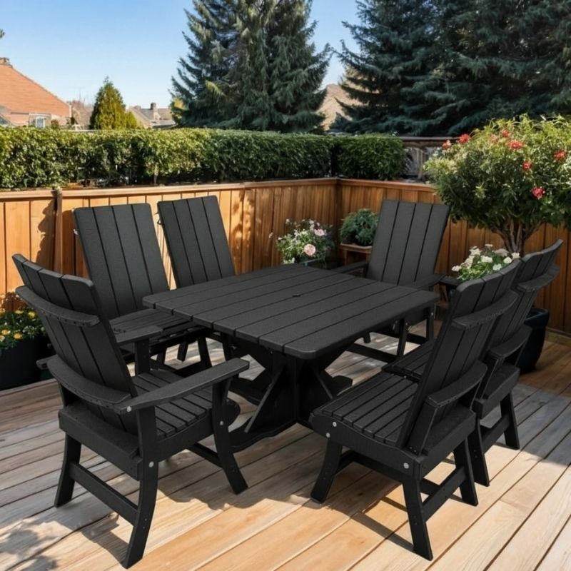 Modern Dining Set for 6 with Pedestal Table on a deck surrounded by greenery - poly luxe - black