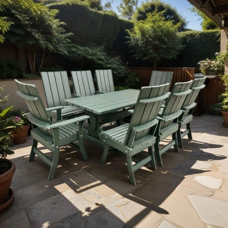 Modern Dining Set for 8 with 6' Table on a stone patio with trees in the background