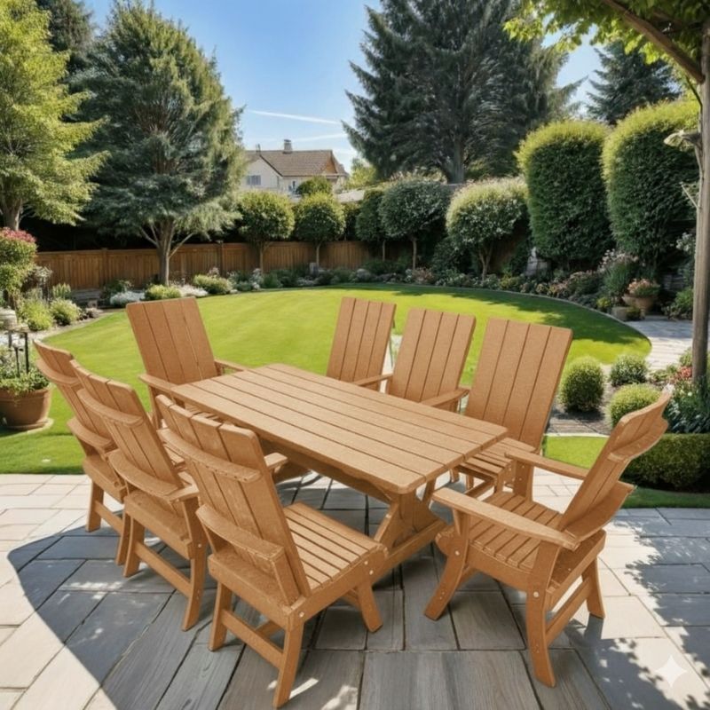 Modern Dining Set for 8 with 6' Table on a patio with a garden and house in the background - cedar