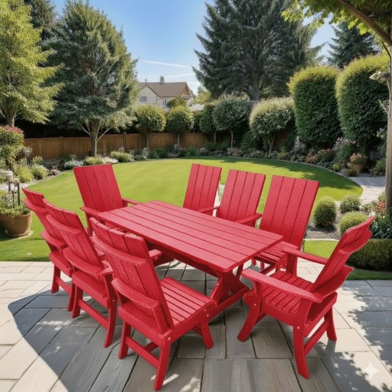 Modern Dining Set for 8 with 6' Table on a patio with a garden and house in the background - red